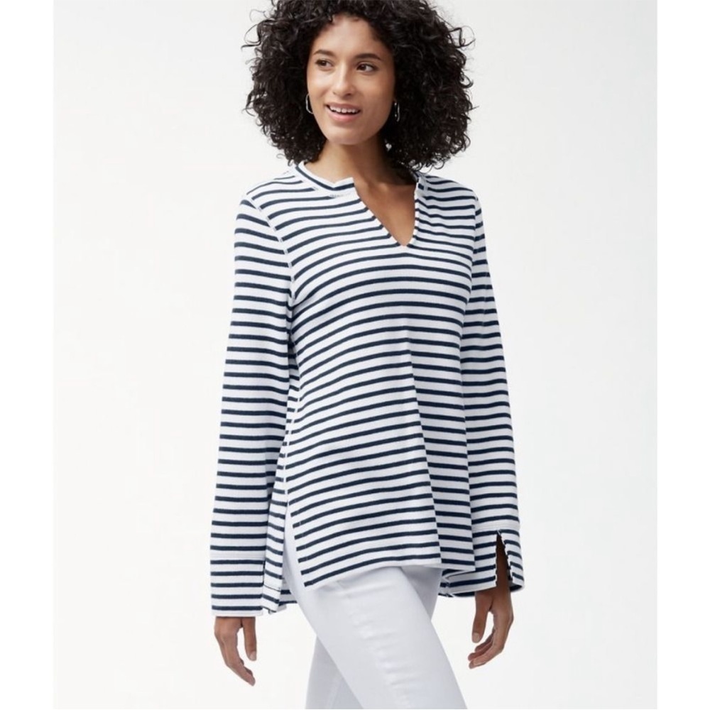 Tommy Bahama Womens Aruba White Blue Striped Tunic Shirt V Neck Ocean Blue Sz S